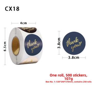 Detail view of 3.8cm gold foil Thank You roll stickers with precise dimensions and weight