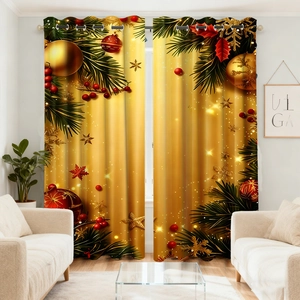 Detail view of festive Christmas velvet curtains with golden bells and metal rings