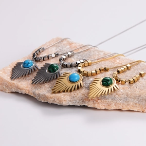 Vintage geometric stainless steel necklaces with turquoise and malachite pendants