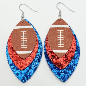 Three-layer glitter football teardrop earrings with red and blue accents on white background