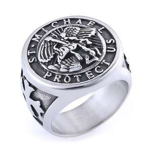 Vintage stainless steel St. Michael signet ring for men with religious shield engraving