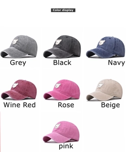 Detailed color display of washed cotton baseball caps with cute bear embroidery patches