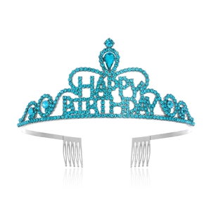 Sky blue rhinestone crown tiara with Happy Birthday lettering for party girl