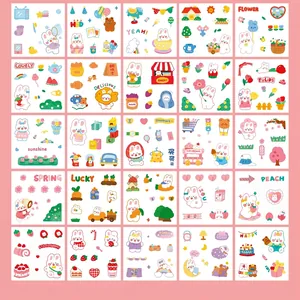 Macro view of 30 cute cartoon rabbit stickers with spring dessert and picnic themes
