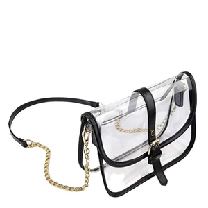 Modern transparent PVC saddle bag with black leather trim and gold chain strap