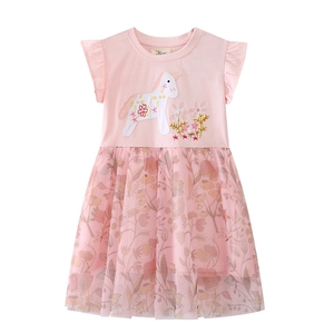 Robe d'été rose pour fille avec broderie poney et jupe en tulle à fleurs de style doux