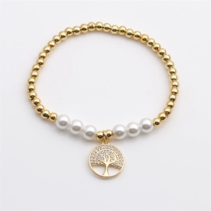 Elastic Beaded Bracelet Copper Gold Plated With Imitation Artificial Pearl And Zircon Tree Of Life Pendant For Women Elegant