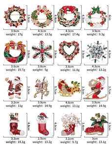Detailed catalog showing sizes and weights for 16 colorful Christmas enamel brooches