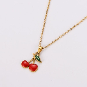 Minimalist gold stainless steel cherry pendant necklace on a clean white background