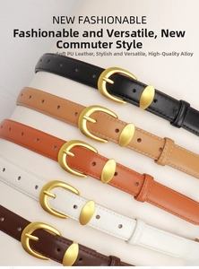 Detailed display of five colors of thin PU leather belts with gold alloy pin buckles