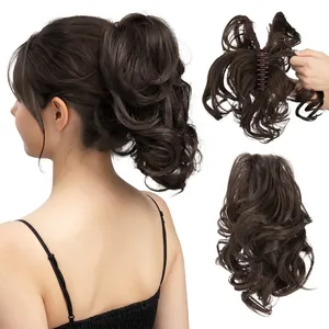 Short wavy dark brown ponytail extension with adjustable claw clip for natural volume