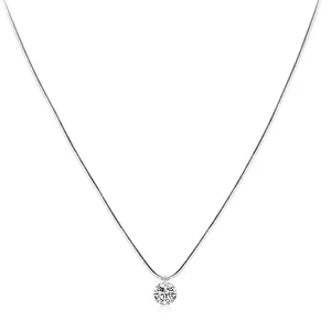 Minimalist S925 sterling silver snake chain necklace with a brilliant round diamond pendant