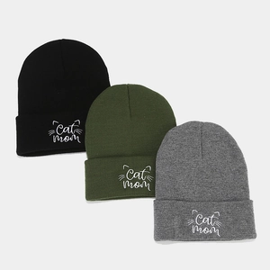 Chic Cat Mom embroidered rib-knit beanies for women in black, olive, and grey colors