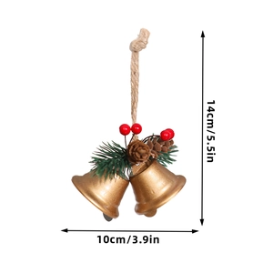 Christmas hanging ornament with two golden bells, pine cones and red berries, 14cm height