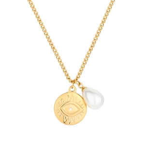 18K gold plated stainless steel necklace with evil eye pendant and white pearl charm