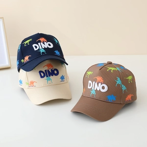 Detailed view of kids dinosaur print baseball caps with 3D DINO embroidery in three colors