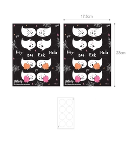 Detail showing dimensions of Halloween lollipop decoration cards with ghost and pumpkin patterns