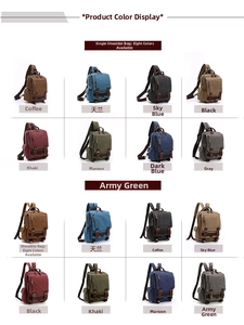 Dettagli dello zaino in tela multi-tasche con diverse opzioni di trasporto e vari colori