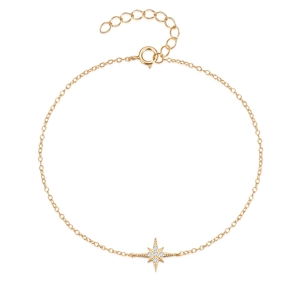 Detail of gold star bracelet with crystal inlay, extension chain and spring ring clasp