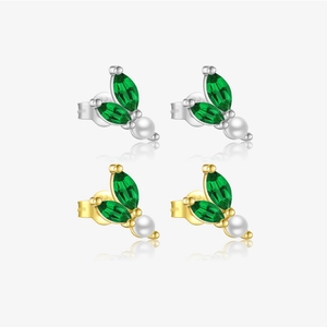 Leaf Stud Earrings With Artificial Pearl And Green Gemstone 925 Sterling Silver Earring Post Korean Style Jewelry For Women