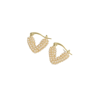 Elegant gold heart earrings with micro-paved white pearls for formal party wear