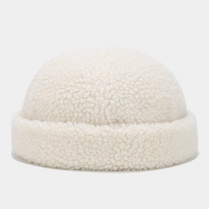 Unisex white sherpa teddy fleece miki hat with thick rolled brim for winter warmth