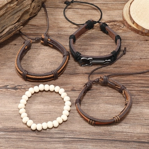 Retro multilayer bracelet set with brown leather weave and metal guitar pendant charm