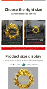 Detailed close-up of golden Christmas wreath window stickers with Merry Christmas text