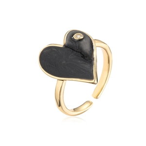 Detail of 18K gold plated heart ring with black enamel drip oil and zircon stone