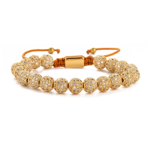 Bracelet couronne doré 8mm avec zircons blancs et corde tressée orange ajustable