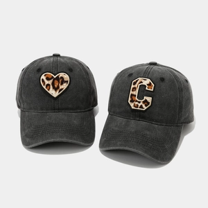 Washed dark gray denim baseball caps with leopard heart and C letter embroidery patches