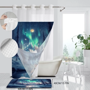 Set de rideau de douche forêt aurore imperméable avec tapis de bain antidérapant