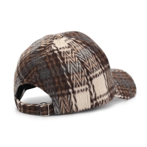 Plaid pattern baseball cap with textured tweed fabric and adjustable metal buckle strap