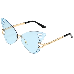 Fashion butterfly shaped rimless sunglasses with light blue lenses and gold metal frames