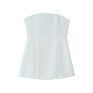 Detailed view of the flat-laid white bandeau top featuring a smooth woven polyester texture