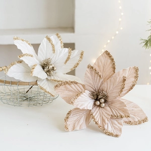 Champagne and white artificial velvet Christmas flowers with gold glitter edges
