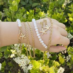 Natural pearl necklace and gold starfish bracelet set with stainless steel cross pendants