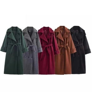 Women's double-breasted long wool coat with belt in five elegant colors on white background