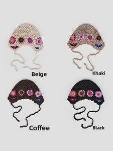 Matrix display of handmade hollow crochet beanies in beige, khaki, coffee, and black