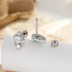 Princess heart zircon screw back cartilage earrings with vintage floral silver frame