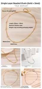 Detail view of 3mm bead PVD gold plated stainless steel necklace with adjustable chain