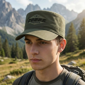 Men's camouflage army flat cap with embroidery against a mountain landscape background