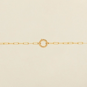 Close-up of a gold-plated necklace chain with a round clasp on a cream background