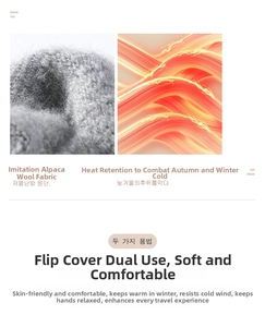 Detail of soft faux alpaca wool knit gloves featuring convertible flip-top thermal design