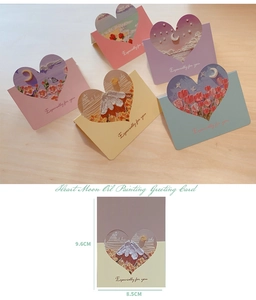 Detail of multi-color heart-shaped oil painting greeting cards with floral and moon textures