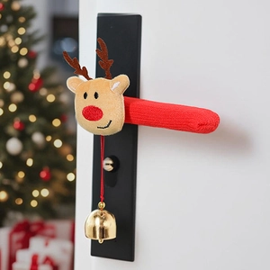 Detail of reindeer door handle cover with red knit texture and golden jingle bell