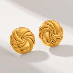 Golden stainless steel stud earrings with spiral geometric design and vintage texture
