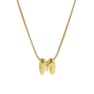 Polished gold stainless steel snake chain necklace with round letter M pendant for women