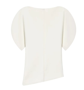 Detailed back view of white short-sleeve top featuring irregular hem and invisible zipper
