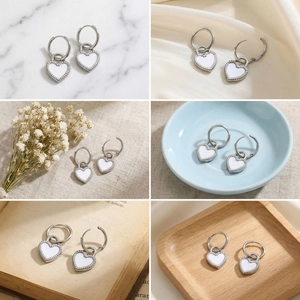 Detail of silver stainless steel heart earrings shown in various lifestyle settings